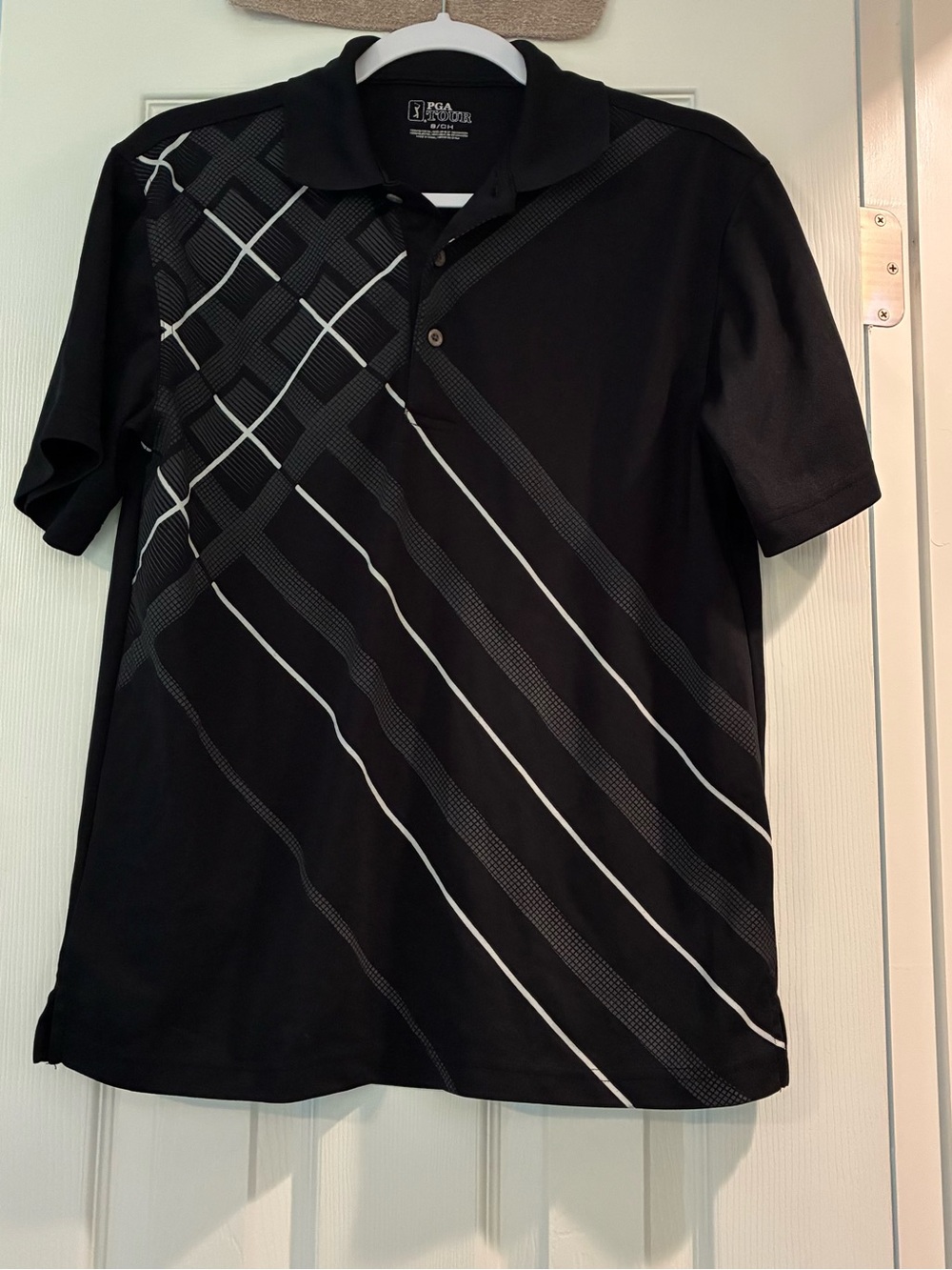 PGA Tour Black Polo with White Diagonal Stripe Design